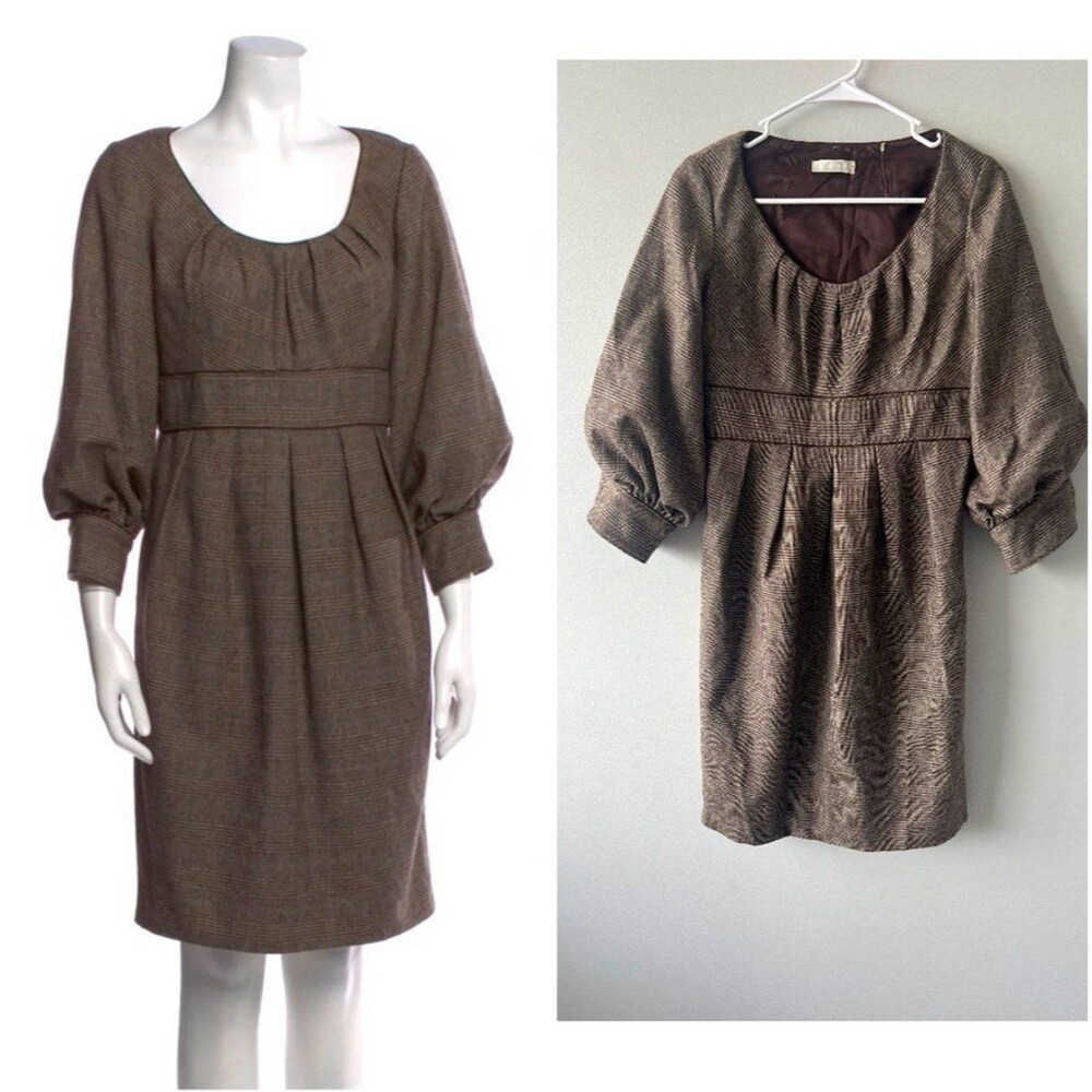 Badgley Mischka Women Brown Houndstooth Chic 100% Wool Shift Dress Size 4 Small